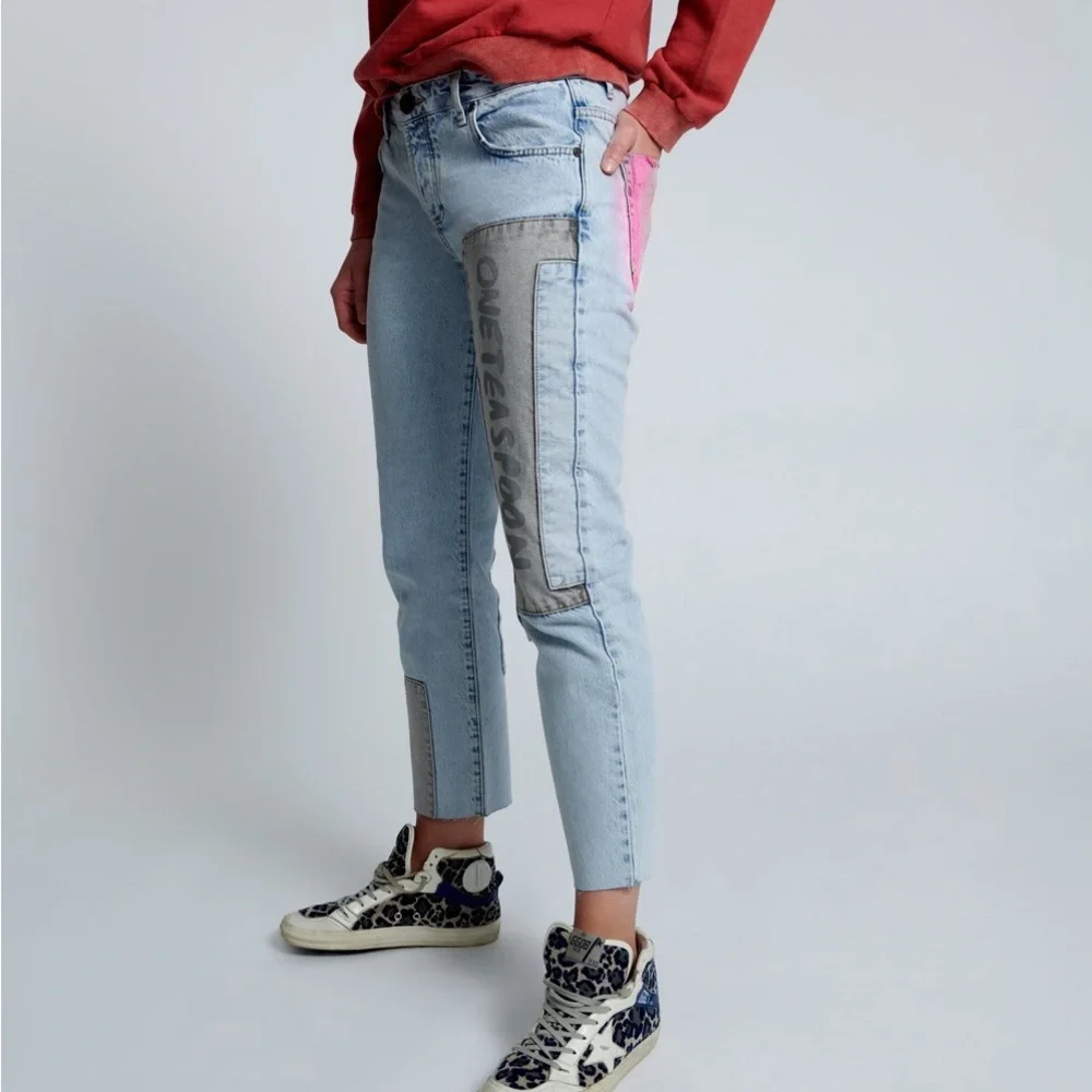 One Teaspoon Blue Graffiti Straight Leg Jeans Size 18 - Picture 3 of 16